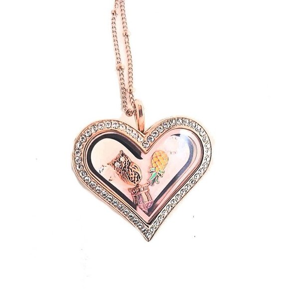 Floating Jewelry Floating Locket Charm Necklace with Rhinestones Rose Gold Heart - Picture 3 of 3